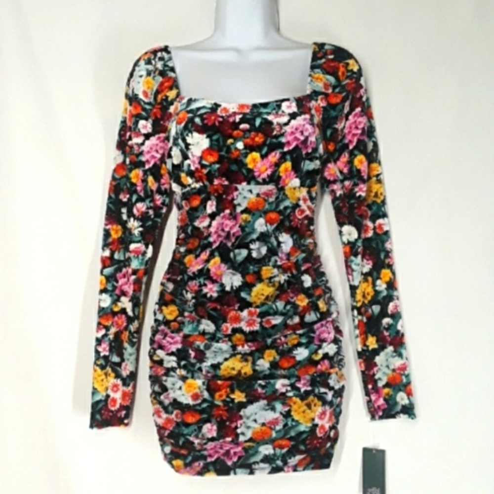 WILD FABLE Velvet Colorful Floral Print Ruching Black Dress XSmall NWT